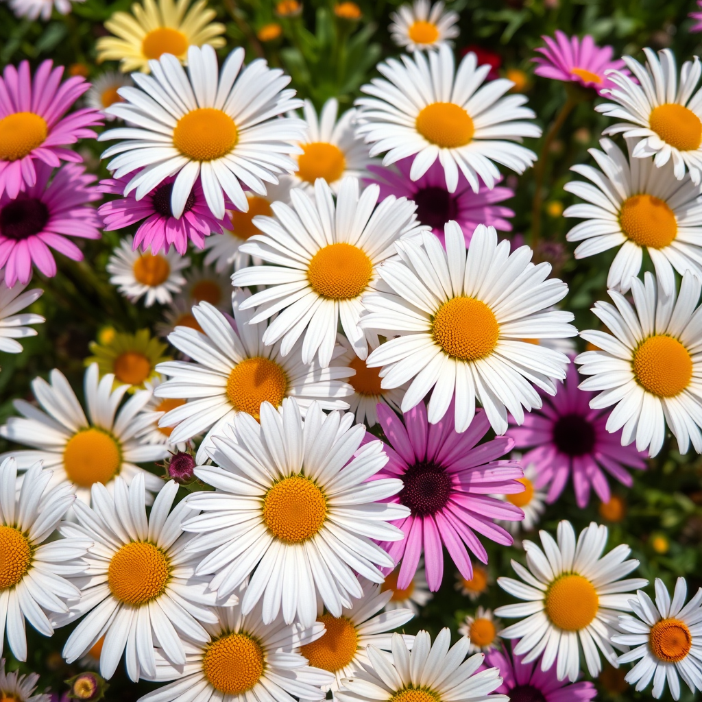 vibrant field of daisies with mixed colors and high contrast, macro lens, f/2.8 aperture, 50mm focal length, ISO 100, natural daylight, shot from an overhead angle, digital camera, enhance detail and saturation