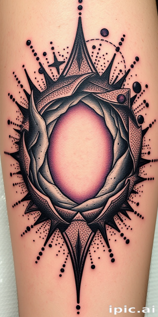 Dotwork tattoo named "Quantum Realm" using intricate stippling techniques to create a three-dimensional portal effect revealing a glimpse into an alternate universe