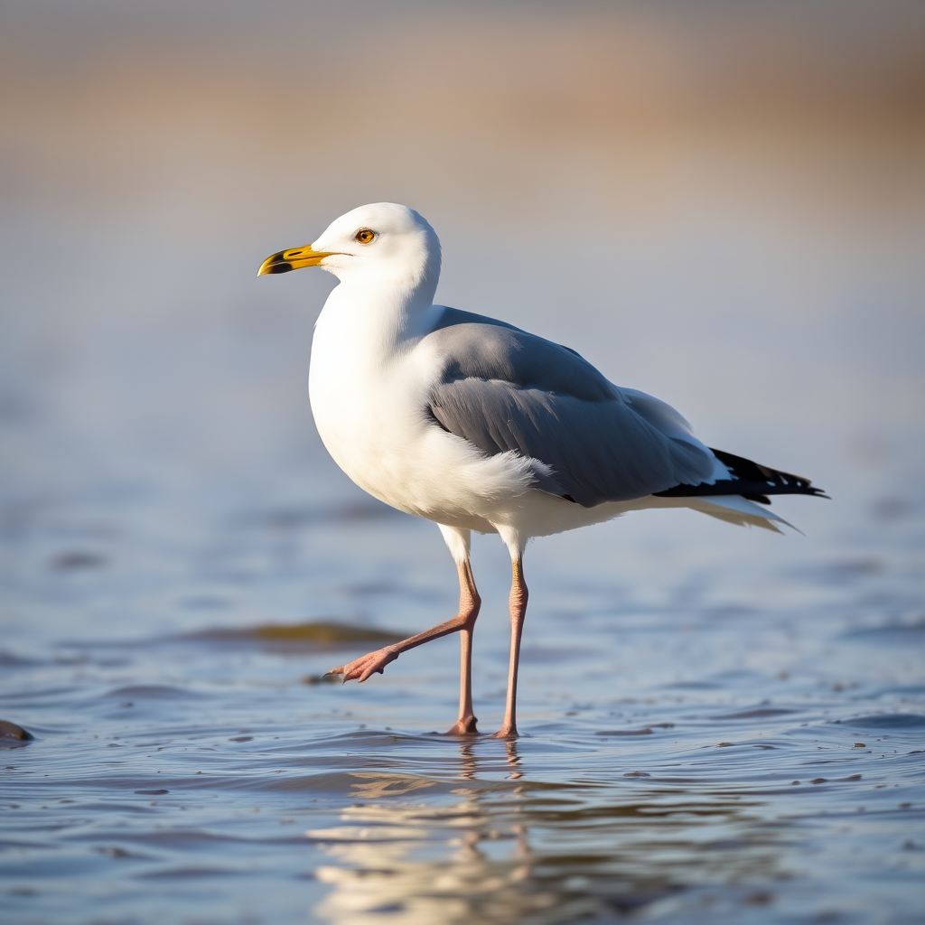 seagull standing on one leg in shallow water, soft natural light, focus on bird, shallow depth of field, ISO 200, f/4, 1/200s, 200mm lens, portrait orientation, DSLR
