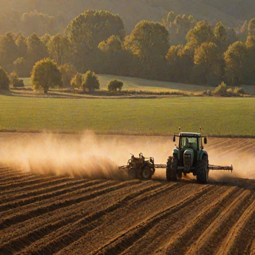 Crisp, detailed image of a farmer plowing a field at sunset, the tractor kicking up dust, golden light casting long shadows across the earth, rows of freshly tilled soil stretching into the distance, a flock of birds flying overhead.