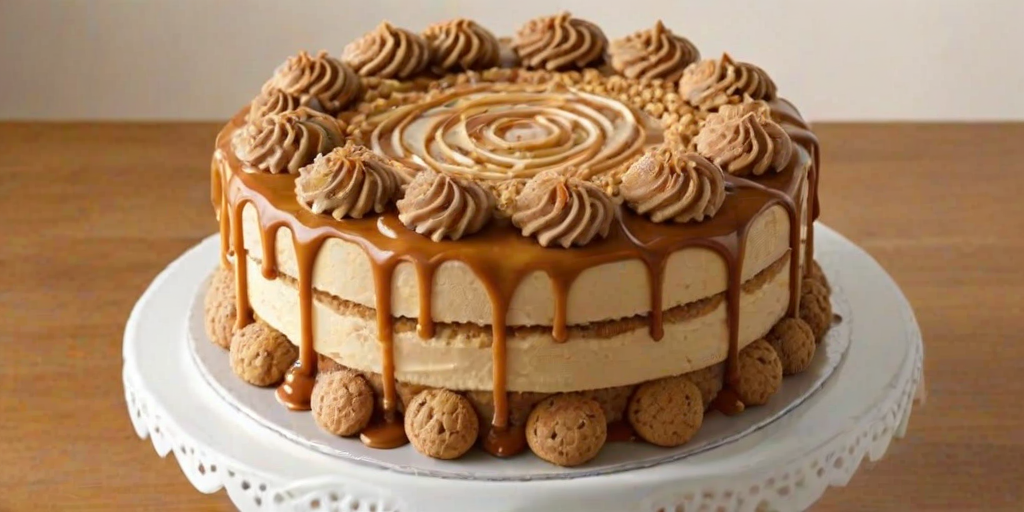 Create an image of a round cake with a smooth caramel frosting. The top of the cake should have swirls of light brown frosting and several biscuit cookies arranged decoratively. Include a drizzle of caramel sauce running down the sides of the cake and a crumbly base made of crushed cookies. The cake should be displayed on a white cake stand.