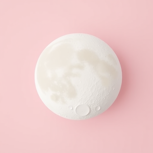 Generate a high-resolution image of a stylized white moon with various sized circular craters on a soft pink background, using a DSLR camera with a 50mm lens, f/1.8 aperture, ISO 100, and a shallow depth of field for enhanced detail and smooth bokeh effect.