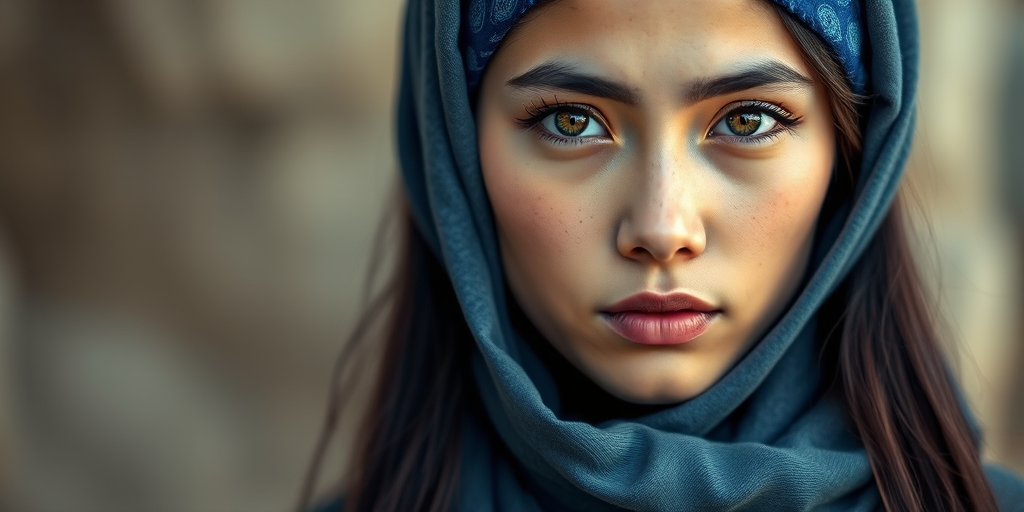 Create a portrait of a young Mongolian woman with long, dark hair and captivating hazel eyes. She is wearing a blue headscarf and a matching scarf draped gracefully around her neck. The background is softly blurred, focusing attention on her serene and natural expression. The overall color palette is muted and warm, enhancing the intimate and authentic feel of the portrait.