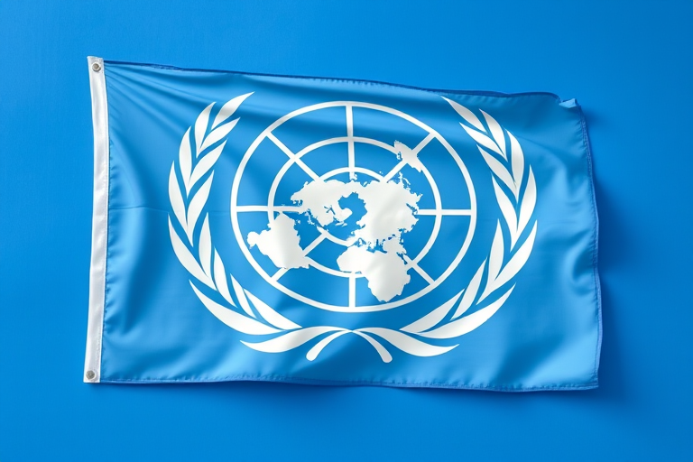 Create an image of the United Nations flag on a solid blue background, using a DSLR camera with a 50mm lens, aperture set to f/8, ISO 100, taken from a straight-on view with soft natural lighting to enhance details and contrast.
