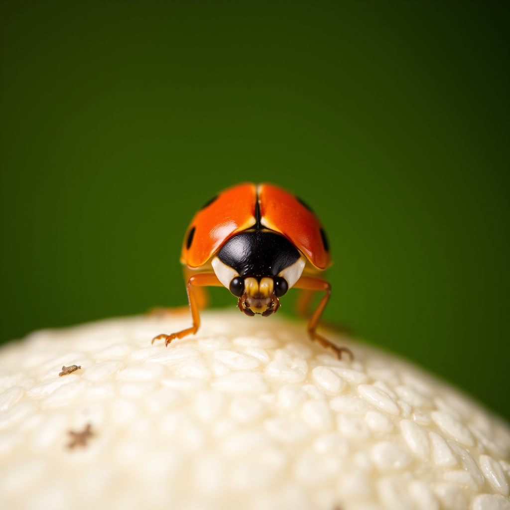 Macro shot of a ladybug centered on a textured light background, shallow depth of field, f/2.8 aperture, 100mm macro lens, ISO 200, natural soft lighting, high detail and vibrant colors.
