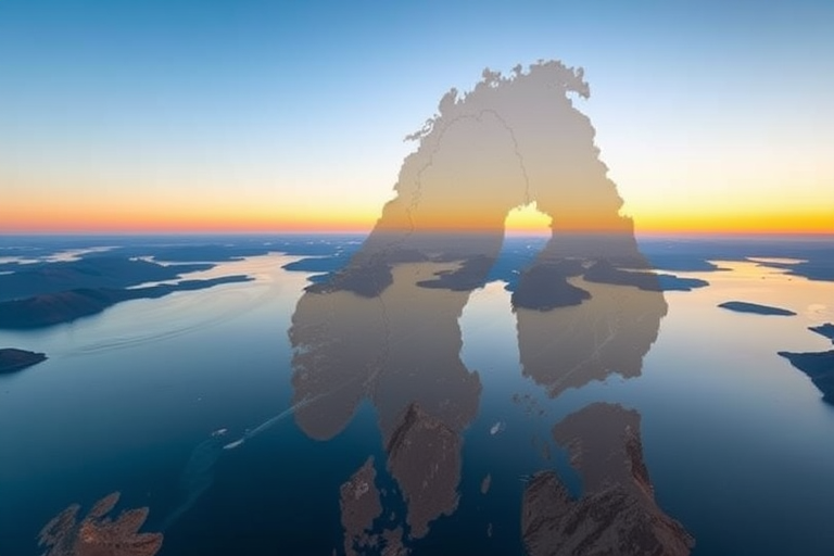 Create an image of the outline of Norway with a clear detail of its coastline, using a high-resolution digital camera, focal length 35mm, aperture f/8, shot at sunrise to enhance colors, and a wide-angle perspective for a comprehensive view.