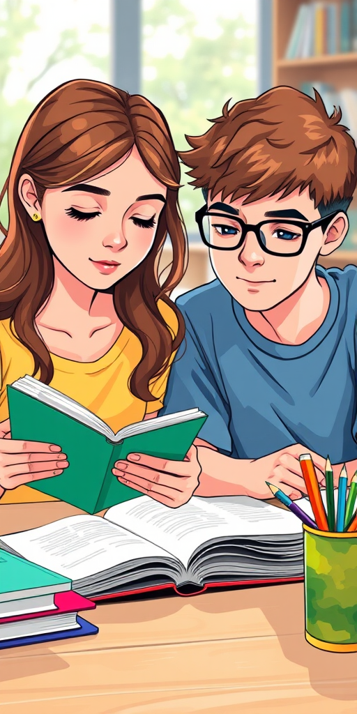 Create a vibrant illustration of two students studying together at a table, with one girl reading a book and a boy taking notes, using a DSLR camera with a 50mm lens, aperture f/1.8, ISO 200, soft natural lighting, and a focus on the expressions of the students to enhance detail and clarity.