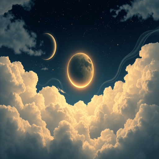 Generate an image of a dreamy night sky filled with fluffy clouds a glowing crescent moon and a large planet surrounded by twinkling stars and soft wispy clouds in a palette of dark blues and soft golds. The scene should evoke a sense of calm and wonder.
