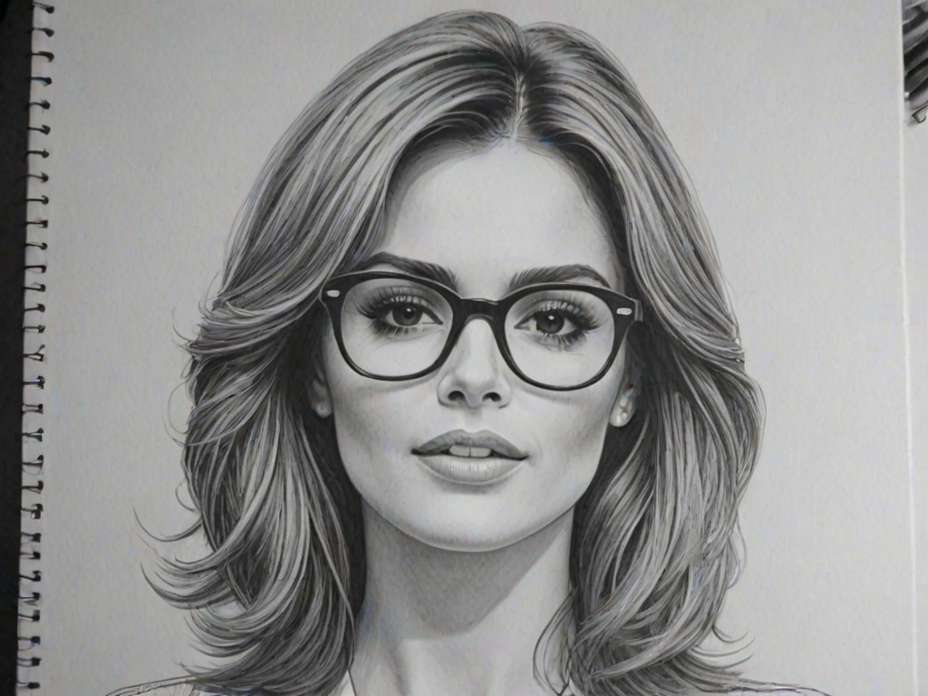 Dazzling Cheryl Cole, pencil sketch, portrait of Charming woman 1979s in glasses, hair style beatnik, outline, clear lines, fine lines, 8k