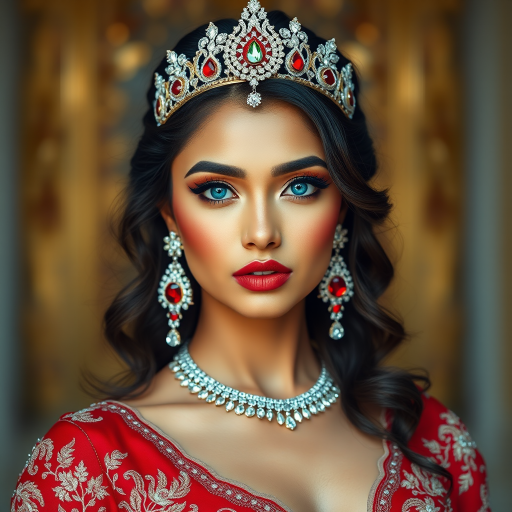 A gorgeous Nepali woman in a luxurious red gown, accessorized with a dazzling tiara and statement earrings, her deep cyan eyes highlighted by impeccable makeup, poised in a royal setting, photorealistic, 8K quality