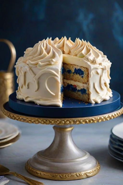 Generate an image of a beautifully styled cake on a decorative cake stand. The cake should have a smooth, creamy texture with a light golden meringue topping that is swirled elegantly. The background should be a deep blue, creating a striking contrast with the cake. Include a few plates and utensils in the scene for a complete presentation.