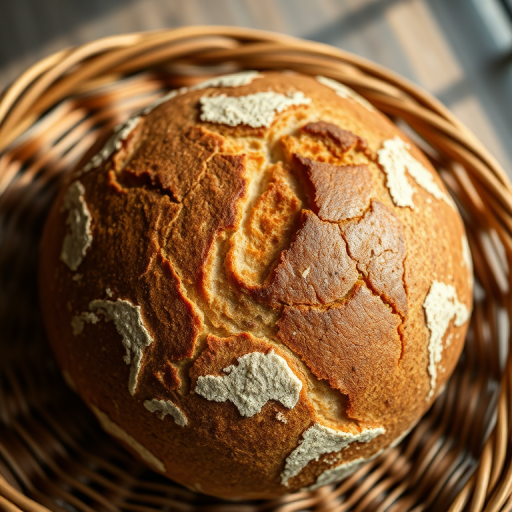 Generate an image of a round artisanal bread loaf with a crackled crust resting in a woven basket, captured with a Canon EOS R5, 50mm f/1.8 lens, aperture set to f/2.8 for shallow depth of field, natural lighting to enhance texture details, and a slightly overhead angle for a warm, inviting composition.