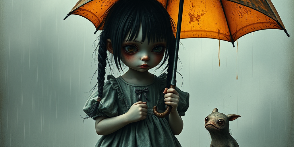 An eerie, weird little girl with dark hair in thin pigtails, wearing a smock dress, standing in the rain, holding a dirty orange umbrella, a small, odd creature beside her. In a surreal style inspired by Nicoletta Ceccoli and Brian Froud. Dark fantasy themes