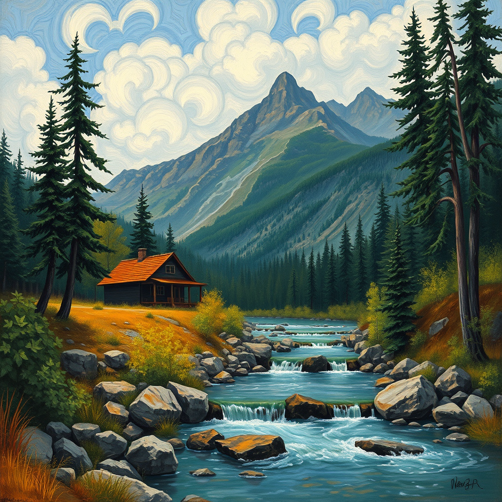 This Van Gogh-inspired painting depicts a peaceful scene of a small cabin located near a flowing river. The scene is surrounded by lush vegetation, including tall trees and rocky terrain. In the background, majestic mountains rise under a sky filled with rolling clouds. The river gently cascades over the rocks, adding a sense of movement and tranquility to the scene. The use of vibrant colors and detailed brushstrokes create a sense of depth and harmony in the natural setting.