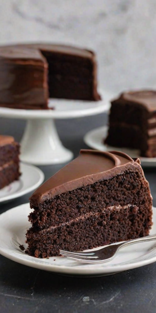 Generate an image of a rich, moist chocolate cake slice on a white plate. The cake should have a dark, glossy frosting and a dense, fluffy texture, showcasing its layers and chocolate richness. The background should be simple and unobtrusive, highlighting the cake as the main focus.