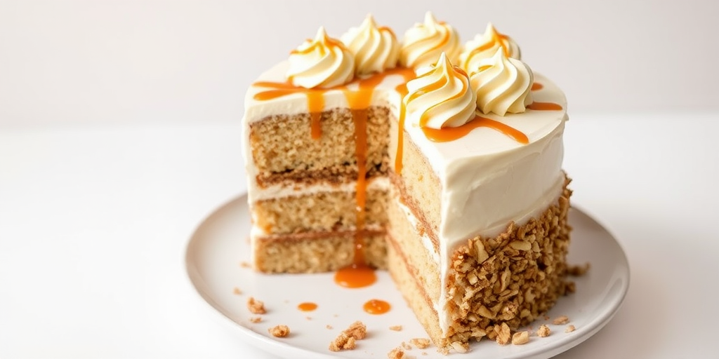 A delicious layered cake with a smooth cream frosting and decorative swirls on top, featuring a caramel drizzle, surrounded by a crunchy nut coating, set on a simple plate against a light background.
