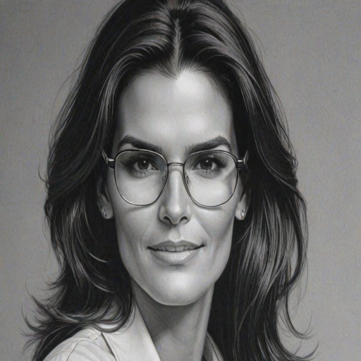Beauteous Angie Harmon, pencil sketch, portrait of Ravishing woman 1979s in glasses, hair style beatnik, outline, clear lines, fine lines, 8k