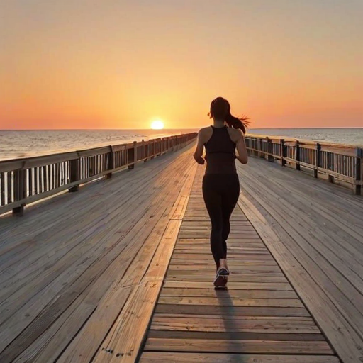 Quiet seaside boardwalk at dawn, a woman jogs along the wooden planks, her running shoes leaving faint prints as the soft orange glow of the sun breaks over the horizon.