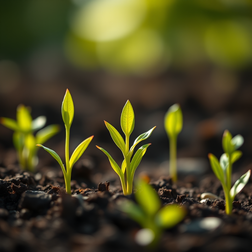 close-up of young green plants sprouting from rich dark soil with soft focus background, natural lighting, DSLR camera, 50mm lens, aperture f/2.8, ISO 100, shallow depth of field, high dynamic range