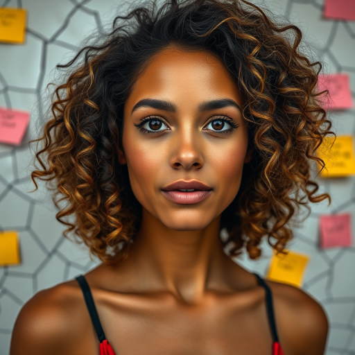 portrait of a woman with curly hair and an artistic background of cracked paper and sticky notes, 50mm lens, f/1.8 aperture, ISO 100, soft natural light, shot from eye level, high-resolution digital camera