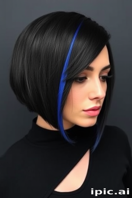 Dramatic jet black asymmetrical bob named "Obsidian Slate" featuring a razor-sharp angle and glossy finish, accentuated by a single streak of electric blue