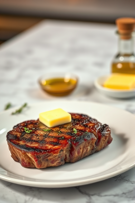 Create an image of a perfectly seared ribeye steak, resting on a white plate with a pat of melting butter on top. The steak is seasoned with fresh herbs like thyme and parsley, with glistening juices highlighting the texture of the meat. The background features a soft focus on a light, marble countertop, with a small dish of butter and an olive oil bottle in the distance. The overall mood should be warm and inviting, capturing the deliciousness and juiciness of the steak.