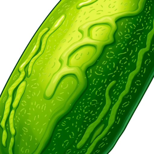 Generate a vibrant and detailed illustration of a green cucumber with a wavy texture, in high resolution, using a DSLR camera at f/2.8 aperture, ISO 200, and a 50mm lens, side view to enhance depth and focus on the contours.