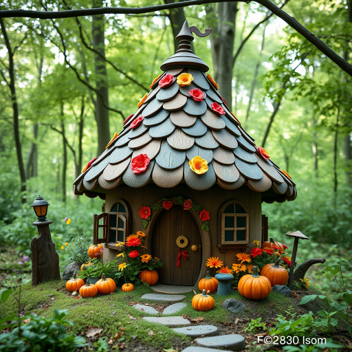Create a whimsical fairy-tale cottage with a rounded roof adorned with colorful flowers and pumpkins in a lush forest setting, captured with a DSLR camera at f/2.8, ISO 100, 35mm lens, in natural soft light, using a wide-angle view for enhanced depth and detail.