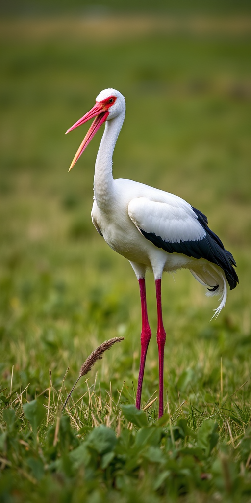 A stork standing on one leg in a grassy field, captured with a DSLR camera at f/5.6 aperture, 1/500s shutter speed, ISO 200, using a 200mm lens with a shallow depth of field to enhance focus on the bird while blurring the background.