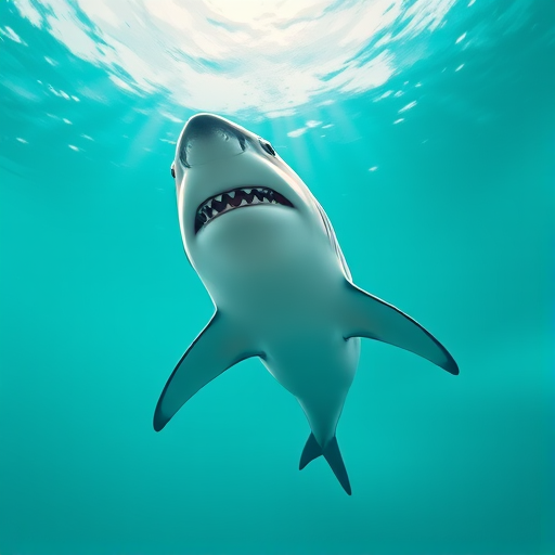 Create a high-resolution digital illustration of a stylized shark swimming upwards, using a vibrant gradient background with shades of turquoise and green, set to a resolution of 300 DPI, shot from a low angle perspective with a wide aperture to create a soft background blur, using a digital art software with vector drawing capabilities.