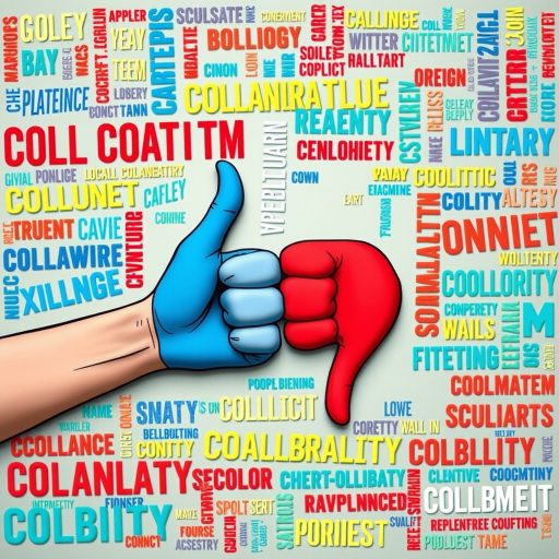 Create a vibrant and engaging digital illustration of two hand symbols, one red thumbs up and one blue thumbs down, surrounded by a diverse array of words related to collaboration and conflict, captured with a Canon EOS 5D Mark IV at f/8, ISO 100, 50mm lens, with a flat lay perspective and a crisp focus.