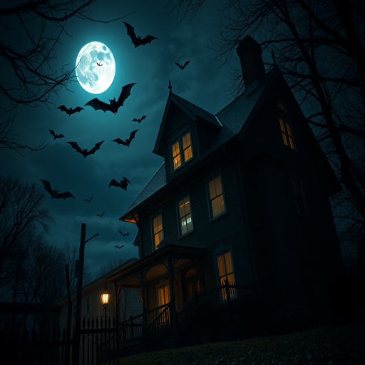 regenerate a spooky night scene with a haunted house and flying bats under a full moon, using a Canon EOS R5 with a 50mm lens, f/1.8 aperture, ISO 100, 1/60 sec shutter speed, in a cinematic style with a low-angle view for dramatic effect