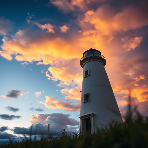 Lighthouse at sunset with dramatic clouds, captured with a DSLR camera, 24mm lens, aperture f/11, ISO 200, shutter speed 1/125 seconds, shot from a low angle to enhance perspective and foreground detail.
