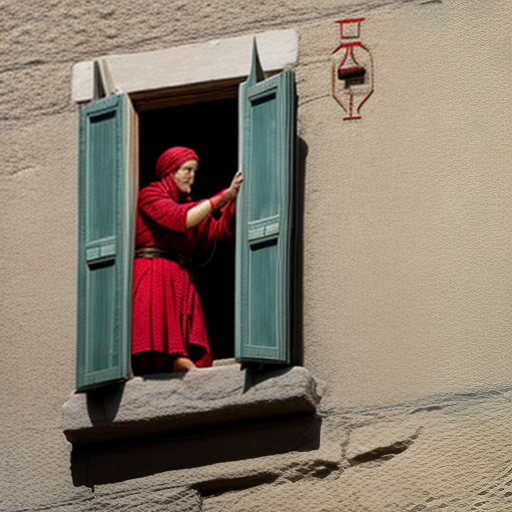 Rahab letting out the spies down a piece of rope out of her window