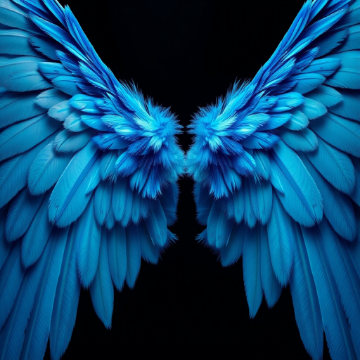 Regenerate an image of vibrant blue angel wings, detailed feather texture, soft lighting for depth, using a DSLR camera with a 50mm lens, aperture f/2.8, ISO 100, shot from a slightly elevated angle to capture the wings' full span, in high resolution for clarity and vibrancy.