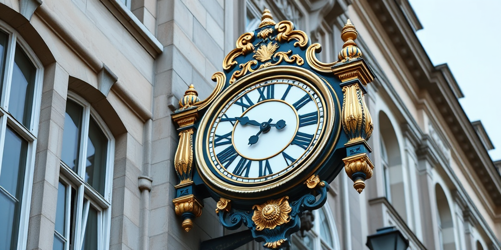 high-resolution image of an ornate clock on a historic building with golden and blue details, shot from a slightly elevated angle using a DSLR camera with a 50mm lens, aperture set to f/2.8 for a shallow depth of field, ISO 100 for clarity, and a shutter speed of 1/200s to capture fine details.