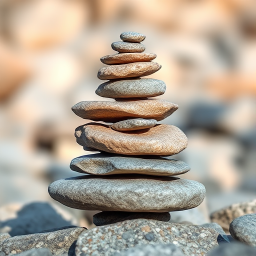 Create a high-resolution image of a textured stone stack, using a DSLR camera with a 50mm lens, f/2.8 aperture, ISO 100, lighting from one side to create shadows, and a shallow depth of field to emphasize the stones against a soft-focus background.