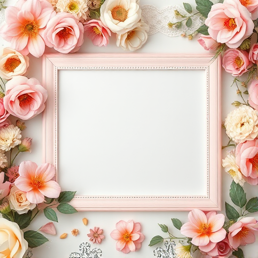 Create a vintage floral background with two empty picture frames at the center, soft pink accents, and lace trimming, taken with a DSLR camera, f/2.8 aperture, ISO 200, 50mm lens, natural light, and a shallow depth of field for a dreamy effect.