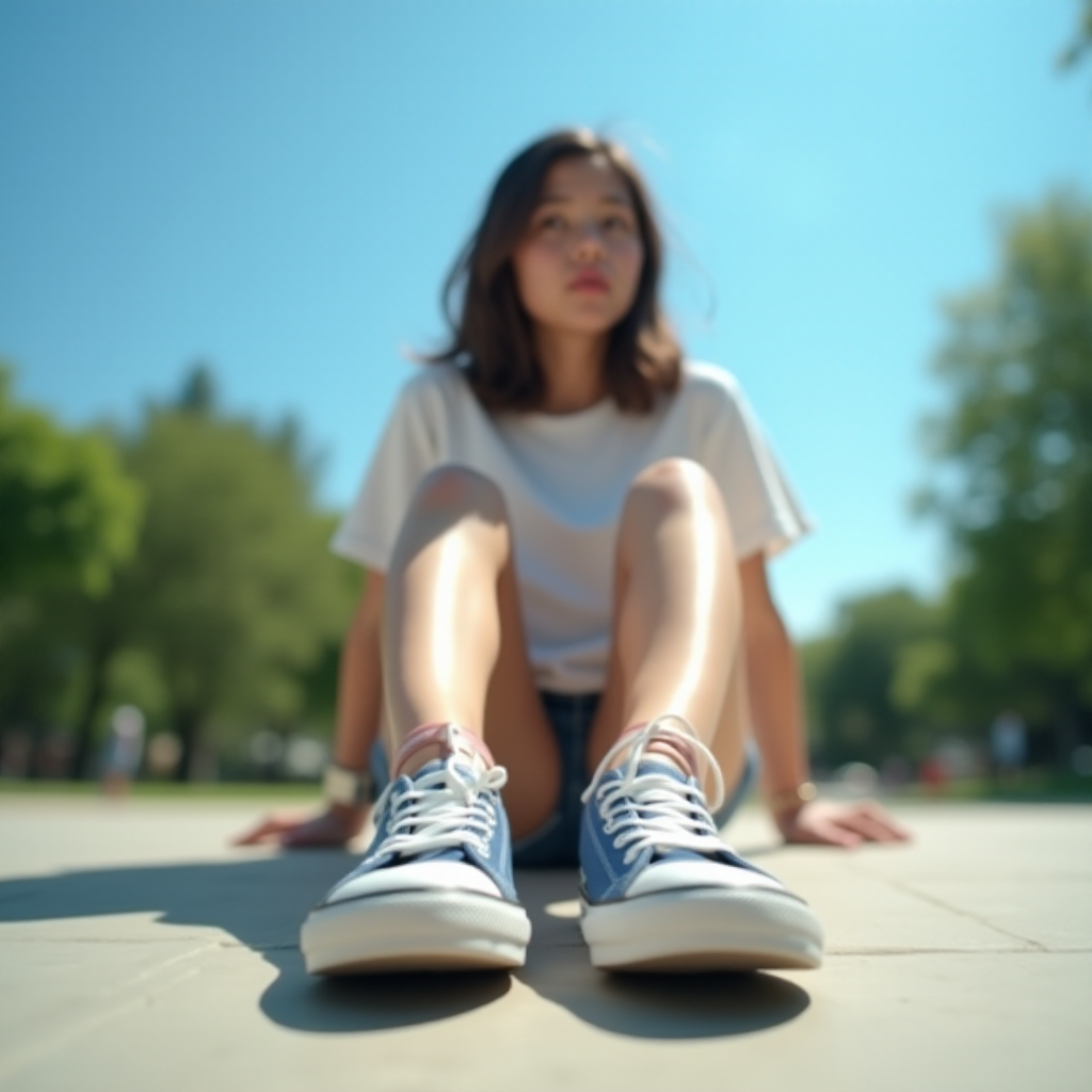 Generate an ultra-realistic, highly detailed, high-definition photograph. It's a photo of a girl sitting on the floor. She's looking at the horizon. The photo is taken from the bottom up, at ground level. The girl's sneakers are in the foreground, in the center of the scene. The girl is wearing light clothes, a t-shirt and short shorts. The sky is blue. Bright environment. The background is a blurred image of a park.