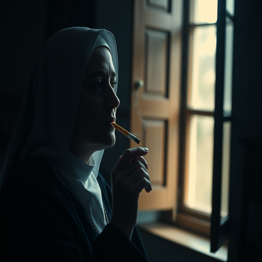 Create an image of a contemplative nun with a cigarette in a dimly lit room, captured with a DSLR camera at f/2.8, ISO 200, 50mm lens, natural light coming from a window, cinematic style.