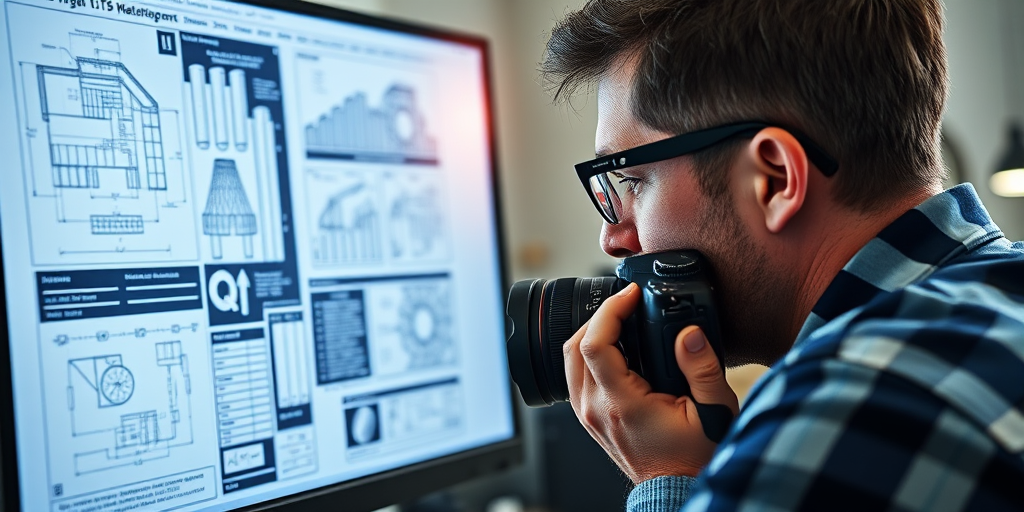 Create an image of a person with glasses working intently at a computer displaying intricate engineering blueprints, with a close-up view, using a DSLR camera, ISO 100, f/4 aperture, 50mm lens, and soft natural lighting for clarity and detail.