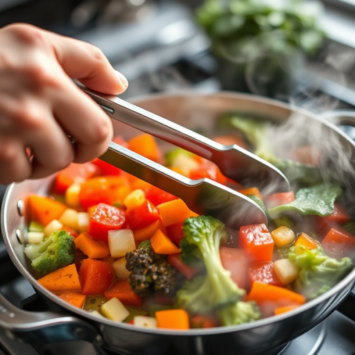 A close-up shot of a hand using tongs to stir vibrant vegetables in a steaming pan on a stove, captured with a Canon EOS R5, 50mm lens, f/1.8, ISO 200, 1/200 sec, with soft natural lighting to enhance the freshness and colors of the ingredients.