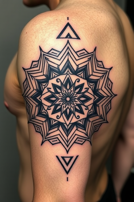 Geometric blackwork tattoo called "Sacred Geometry" incorporating intricate mandala patterns with sharp angles and bold lines forming a mesmerizing optical illusion across the skin