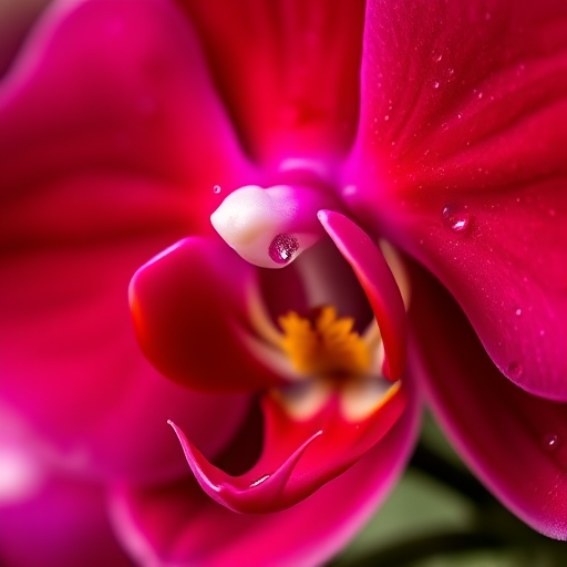 macro shot of a vibrant red orchid flower with water droplets on petals, shallow depth of field, aperture f/2.8, ISO 100, natural light, soft bokeh background, taken with a DSLR camera using a 100mm macro lens