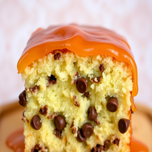 A close-up view of a moist cake with a golden caramel glaze on top showcasing a fluffy texture and chocolate chips throughout the cake. The background features a soft, blurred pattern, emphasizing the cake's delicious appearance.