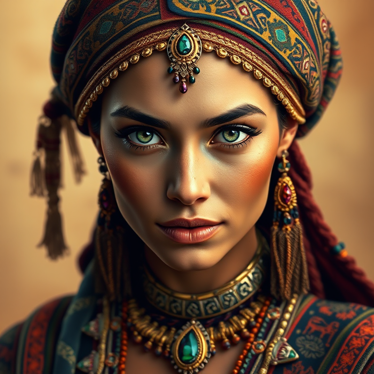 Create a portrait of a beautiful Aztec woman with striking green eyes and a gentle expression. She is adorned in traditional attire with intricate patterns, including a richly embroidered headscarf and matching garments. Her jewelry includes a delicate headpiece, dangling earrings, and ornate bracelets, all featuring vibrant gemstones and detailed metalwork. The background is soft and warm, enhancing the rich colors of her outfit and jewelry.
