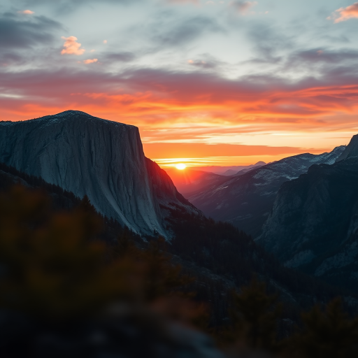 mountain landscape during sunset, sharp focus, ISO 100, f/8, 1/250 sec, 50mm lens, DSLR camera, warm color tones, high dynamic range