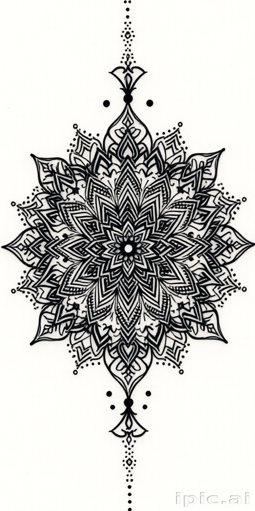 Dotwork mandala tattoo with intricate floral patterns and sacred geometry elements, gradually fading from solid black to delicate stippling for a mesmerizing optical illusion effect