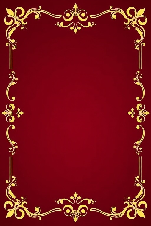 Create a rich maroon background with elegant gold ornate borders and flourishes, shot with a DSLR camera at f/2.8, ISO 100, 50mm lens, overhead view, soft focus style.