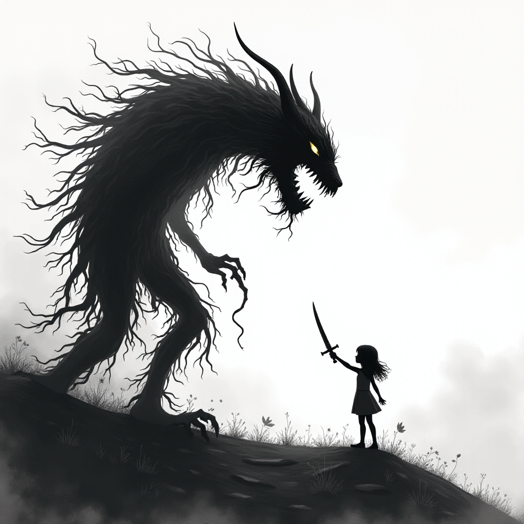 Fight your fears illustration of black and white minimalist of a little girl standing on a hill, raising a sword in hand, she is facing a large menacing creature with large head, sharp teeth and sharp claws, its body is made of vines and roots. The background is a cloudy sky with a hint of smoke or fog. The overall mood of the image is dark and eerie.